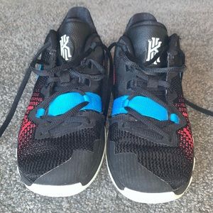 Youth size 3 Kyrie low tops (black, blue, and red)